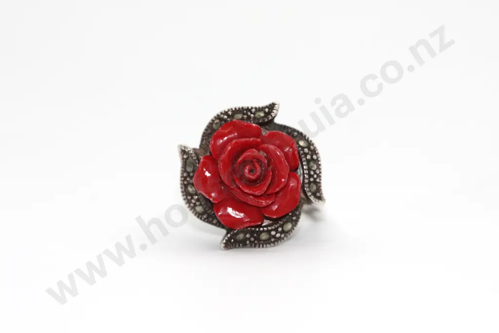 A Statement Sterling Silver Marcasite & Ceramic Rose Ring "A rose is a rose is a rose" Image 1++
