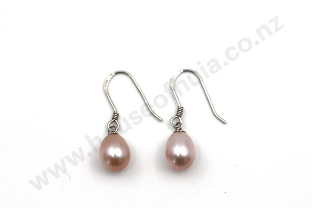 Sterling Silver Pearl Tear Drop Earrings  "Blushing Pink" Image 1++