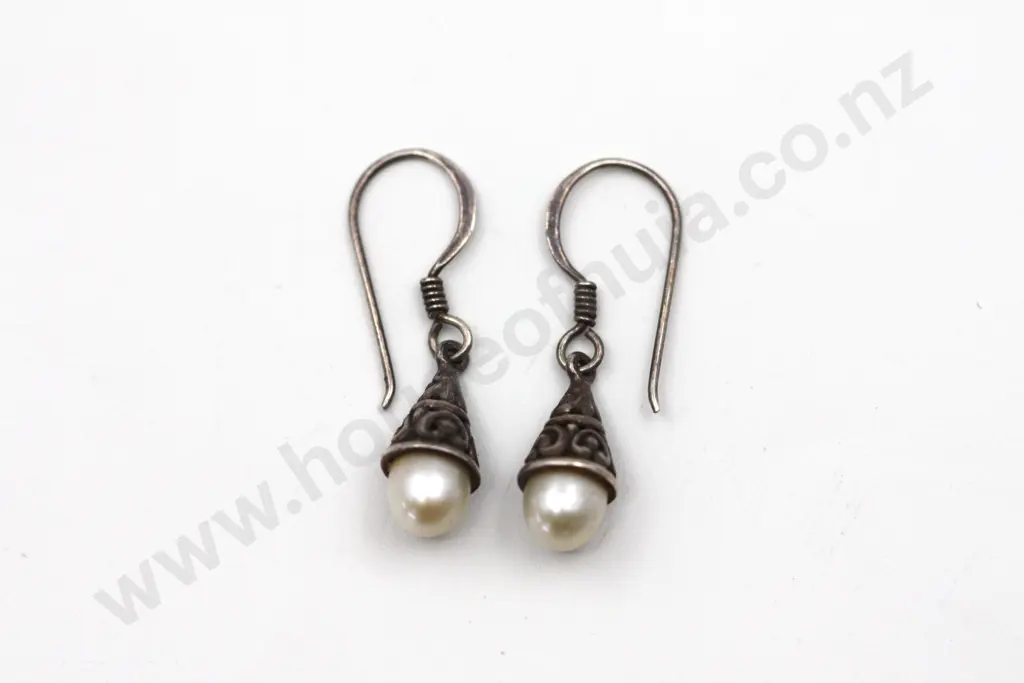 Sterling Silver Pearl Drop Earrings "Little Lanterns" Image 1++
