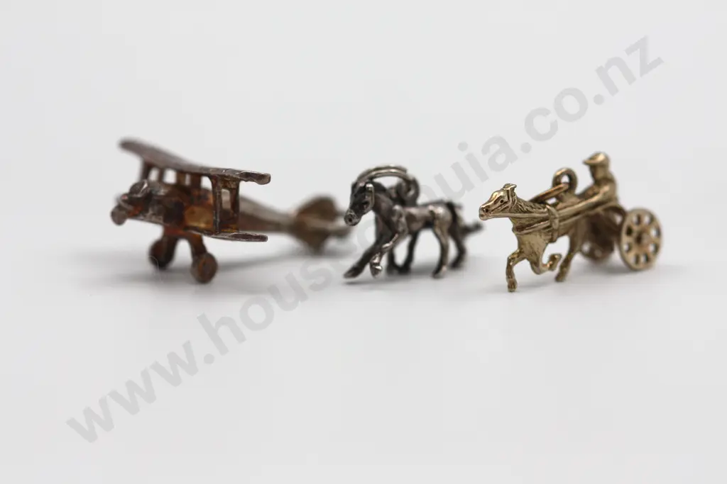 Three Sterling Silver Charms: A Biplane, Two Racehorses, And a Horse & Cart "And their off!" Image 1++