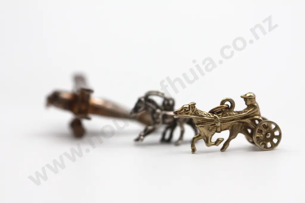 Three Sterling Silver Charms: A Biplane, Two Racehorses, And a Horse & Cart "And their off!" Image 1++