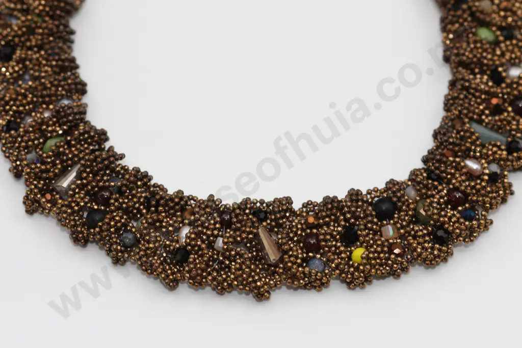Woven Bead Necklace w Variety of Colours & Shapes "Ropes of jewelled bronze" Image 1++