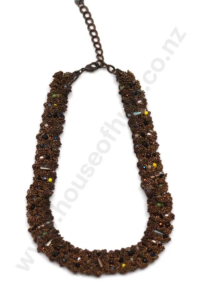Woven Bead Necklace w Variety of Colours & Shapes "Ropes of jewelled bronze" Image 1++