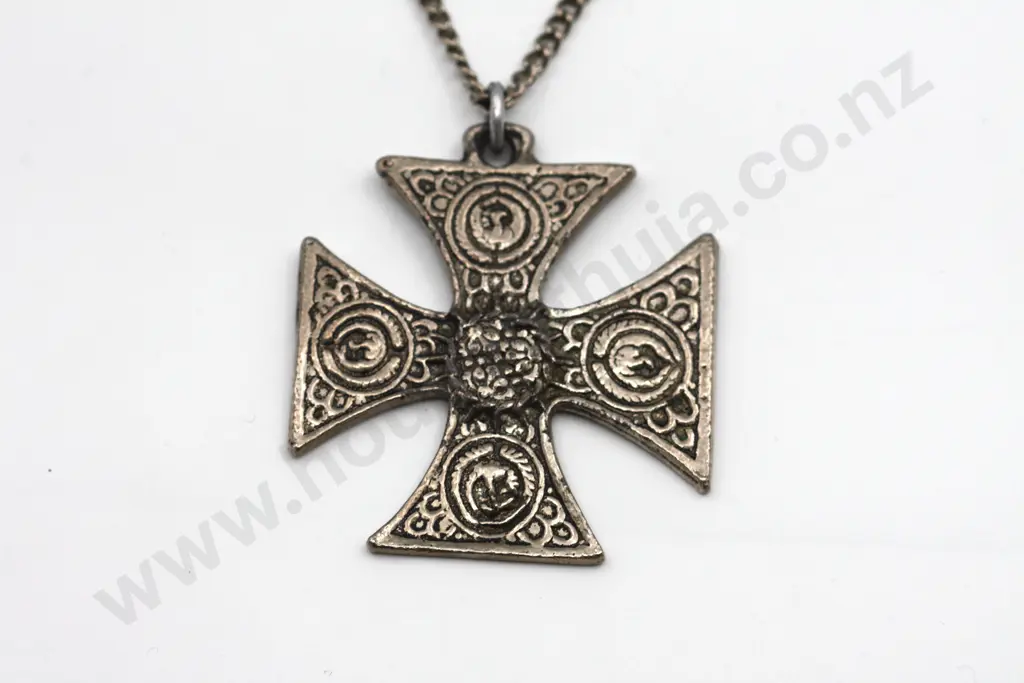 Substantial Decorative Greek Cross on White Metal Long Chain "Trojan Horse" Image 1++