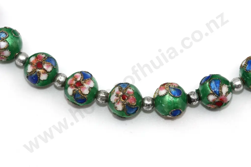 Cloisonné Vibrant Green Bead Necklace "Flower Power" Image 1++