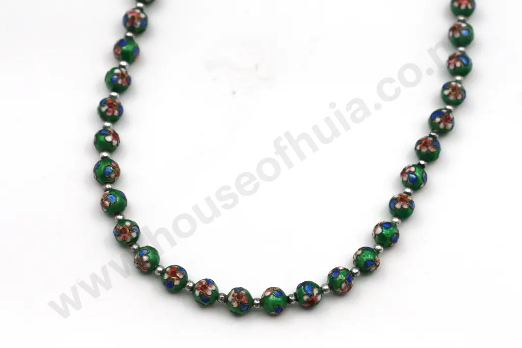 Cloisonné Vibrant Green Bead Necklace "Flower Power" Image 1++
