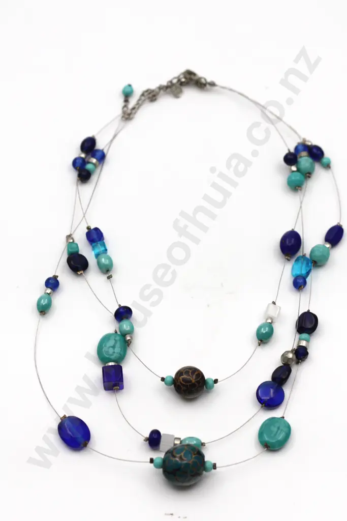 Cobalt Blue & Turquoise Bead Necklace on Thin Metal Wire "Ocean Droplets" Image 1++
