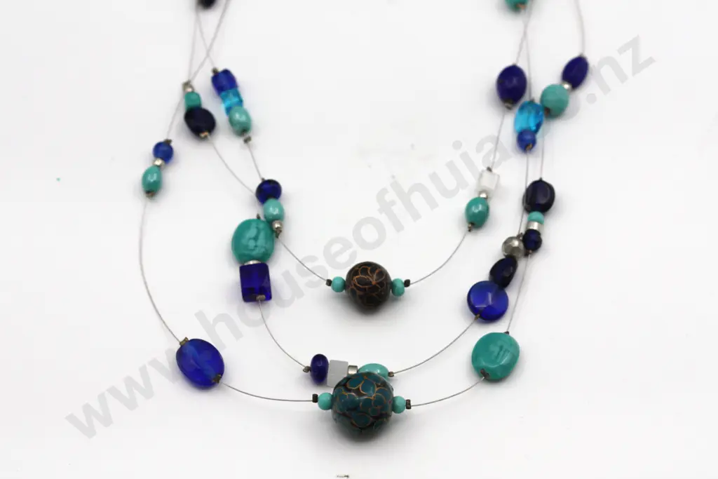 Cobalt Blue & Turquoise Bead Necklace on Thin Metal Wire "Ocean Droplets" Image 1++