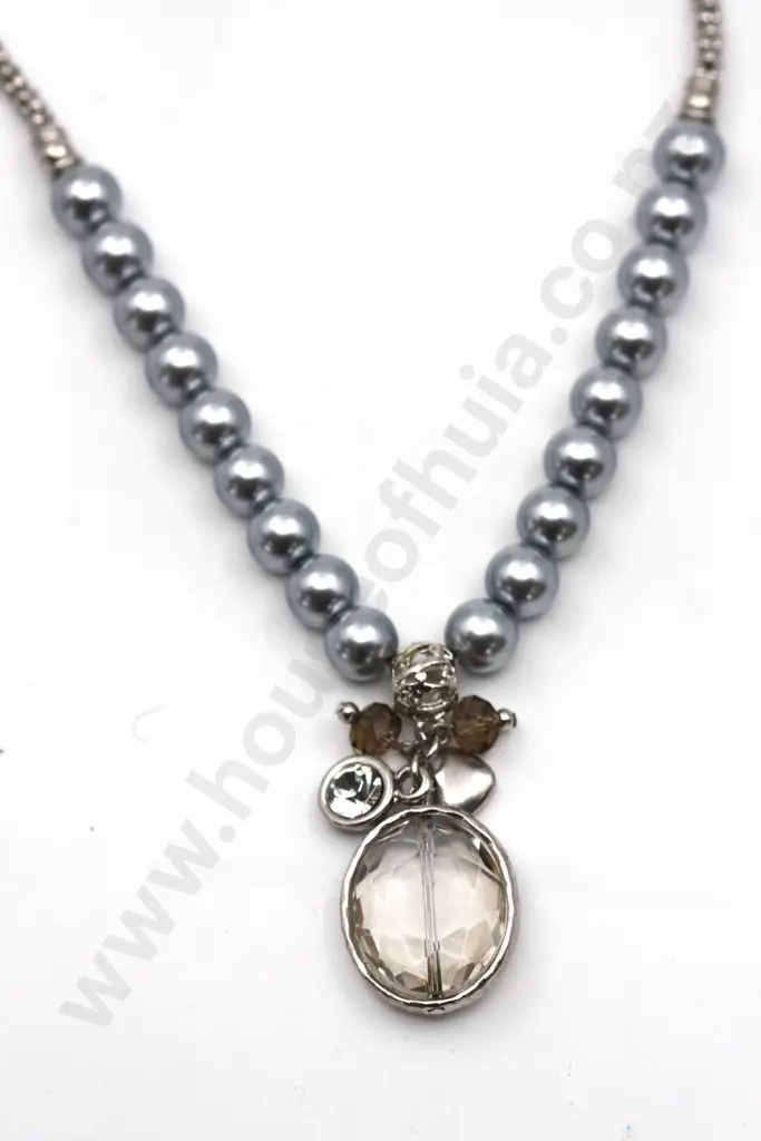 Stylised Tear Drop Glass Pendant on Faux Pearl and Snake Link Chain A/F "A classic take" Image 1++