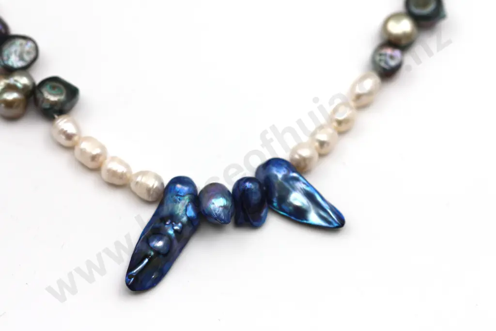 Fabulous Baroque Pearl Necklace w Sterling Silver Fittings; Pearls in Blues Whites Greens & Pinks "Sea Treasure" Image 1++