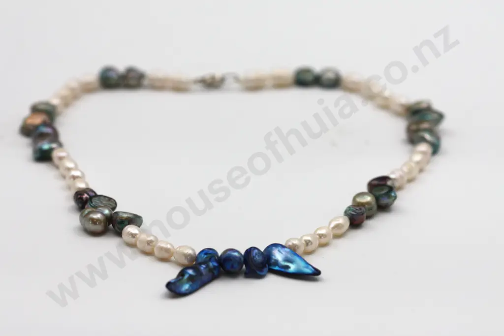 Fabulous Baroque Pearl Necklace w Sterling Silver Fittings; Pearls in Blues Whites Greens & Pinks "Sea Treasure" Image 1++