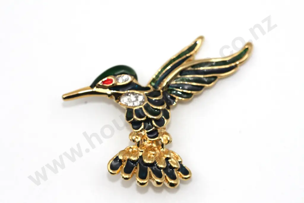 Nimble Darting Sparkly Kingfisher Brooch w Green & Red Detailing "Ever Watchful" Image 1++