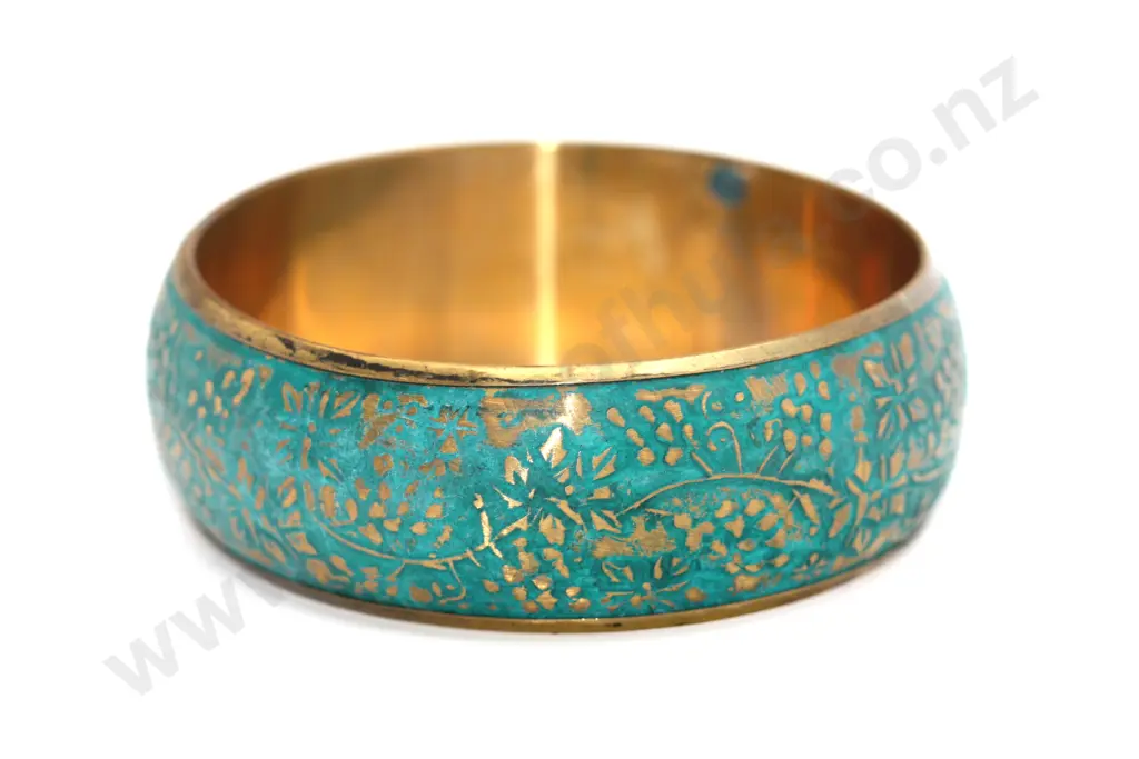 Decorative Stylised Turquoise Enamel on Wide Brass Bangle "An exotic garden" Image 1++