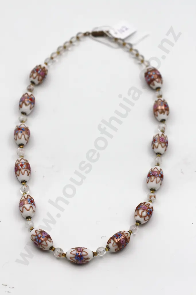 String of Venetian Glass Beads in Opalescent White with Hand Applied nNovel Decorations & Bronze Dust Accents" Image 1++