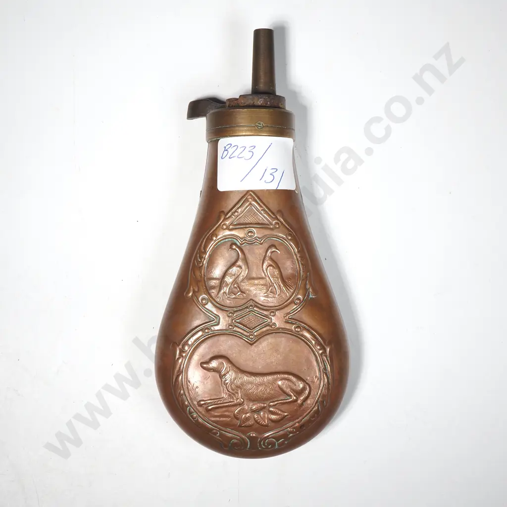 Brass & Embossed Copper Gunpowder Flask - Possible Reproduction a/f Image 1++