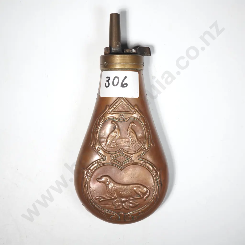 Brass & Embossed Copper Gunpowder Flask - Possible Reproduction a/f Image 1++