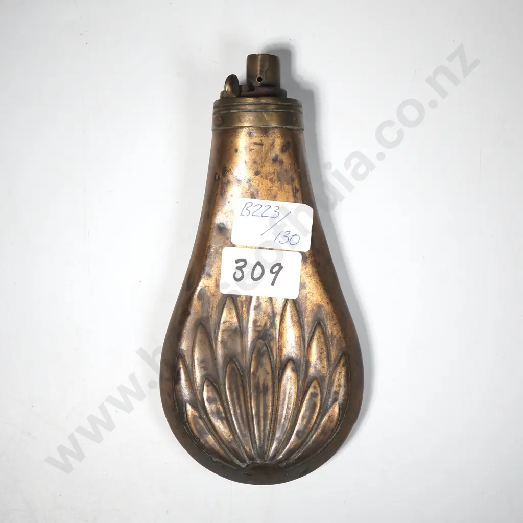 Antique Copper & Brass Embossed Gunpowder Flask Image 1++