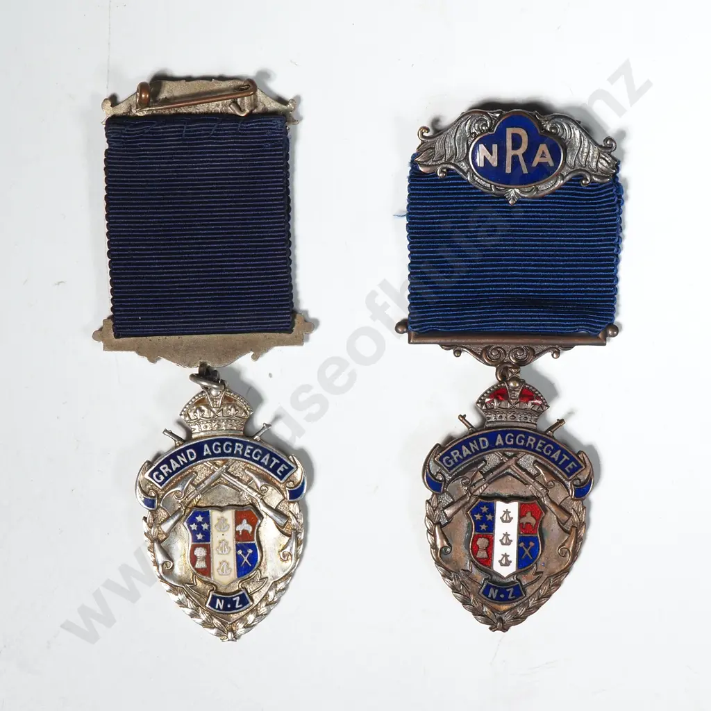 2 X NZ National Rifle Association Grand Aggregate Prize Medals, One Sterling Silver And Enamel, The Other Bronze And Enamel, By Mayer & Kean, Wellington. Image 1++