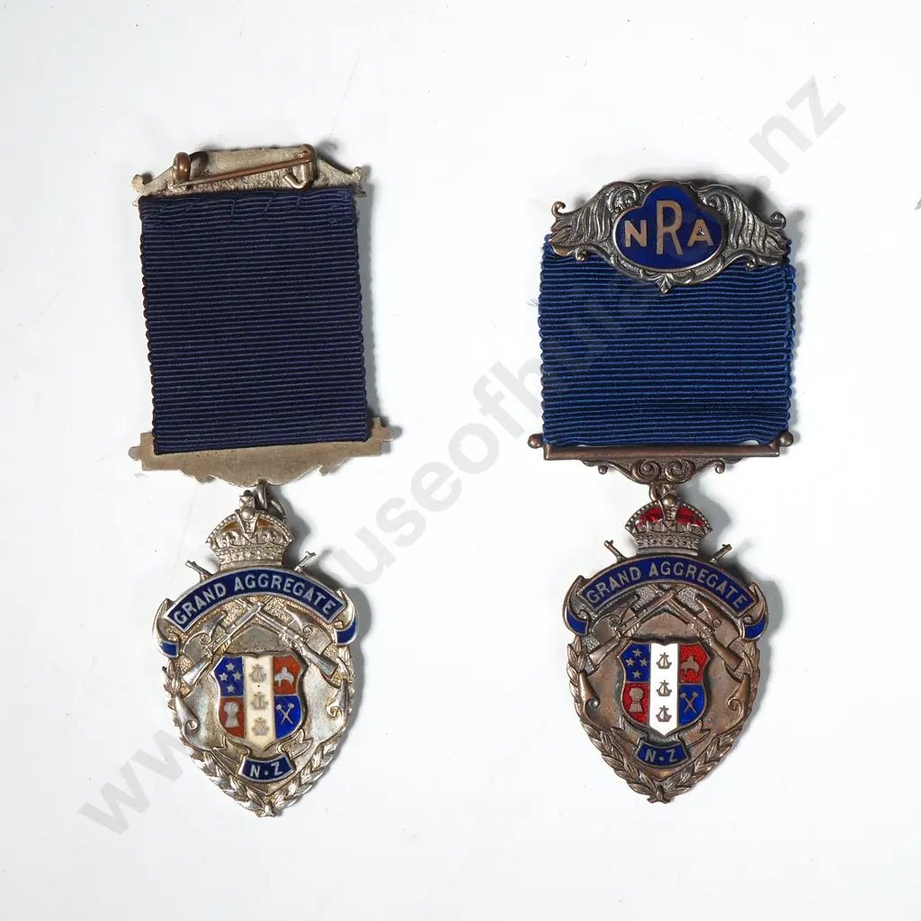 2 X NZ National Rifle Association Grand Aggregate Prize Medals, One Sterling Silver And Enamel, The Other Bronze And Enamel, By Mayer & Kean, Wellington. Image 1++