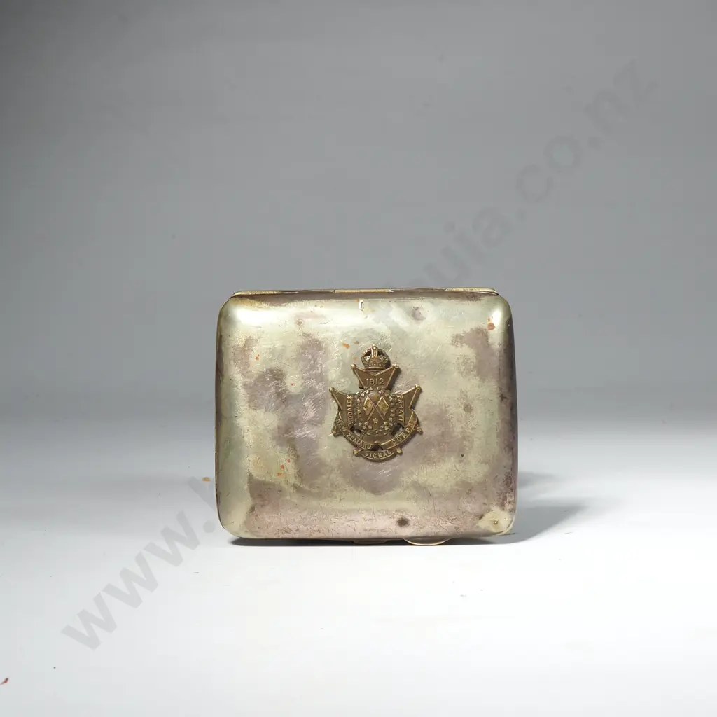 WW1 New Zealand Cigarette Case w KC Signal Corp Badge on Front  Image 1++