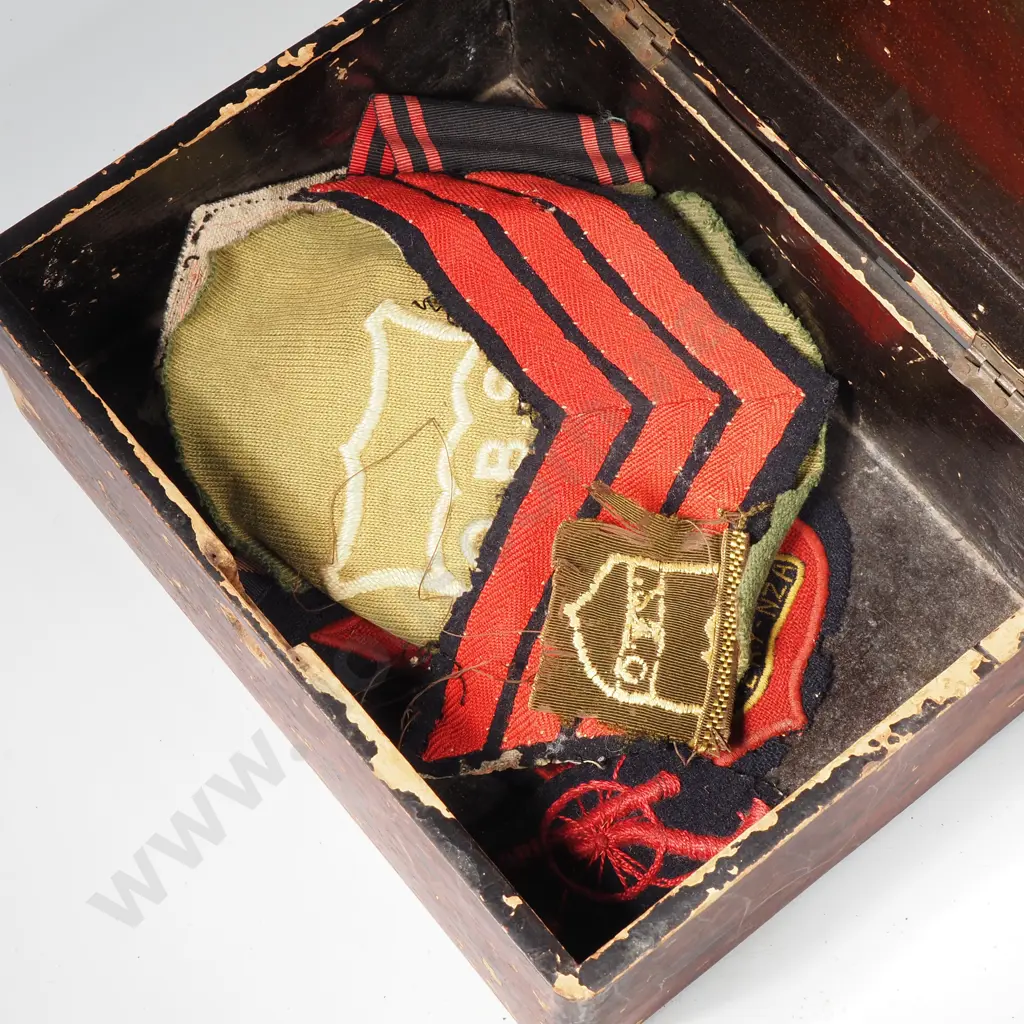 Antique Chevrons & Badges; One For Fas-Et -Gloria 12th Battery Artillery In A Lacquered Box Image 1++