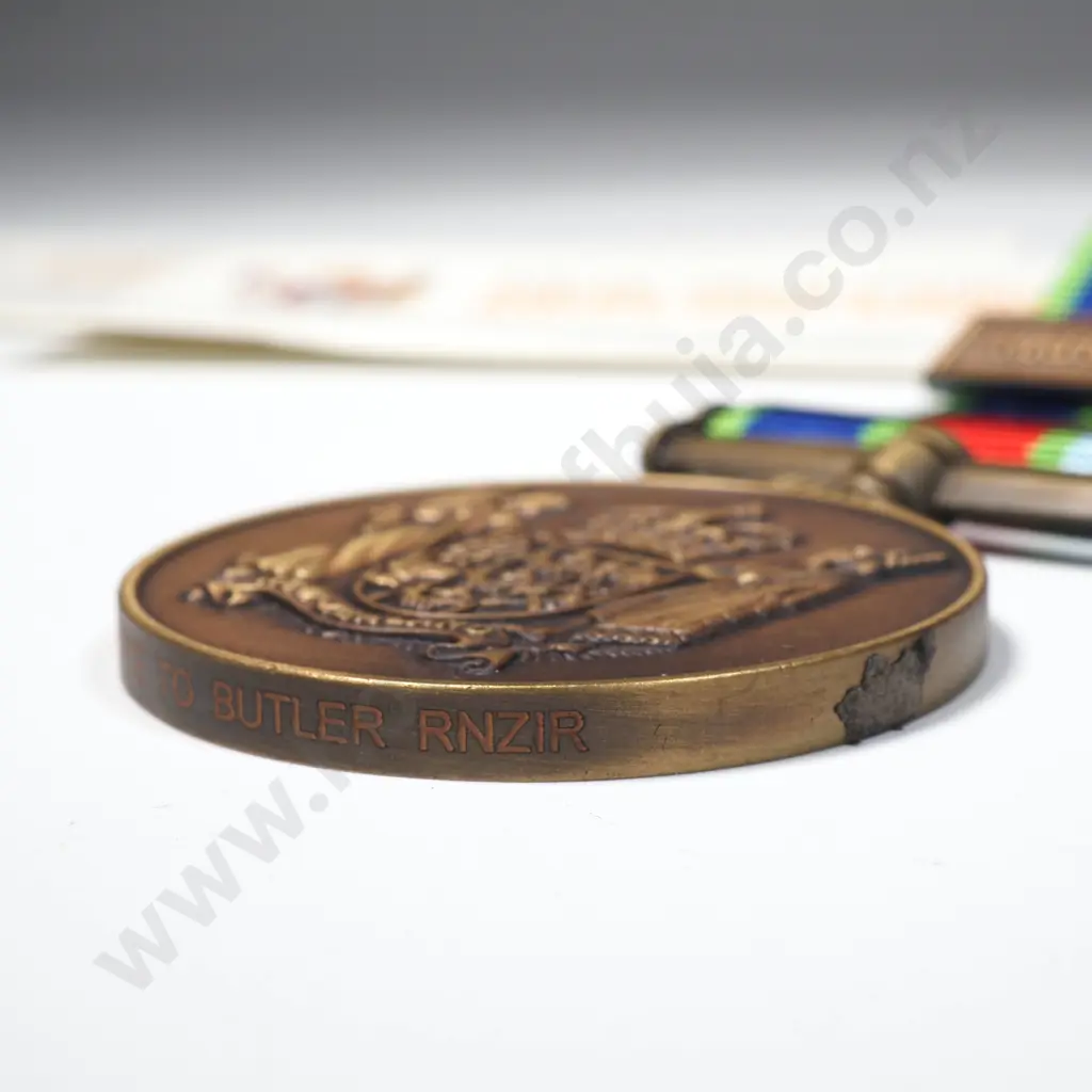 NZ Defence Service Medal With Clasp National Service Named “942887 PTE T O BUTLER RNZIR” And Matching Miniature. 22279 Image 1++