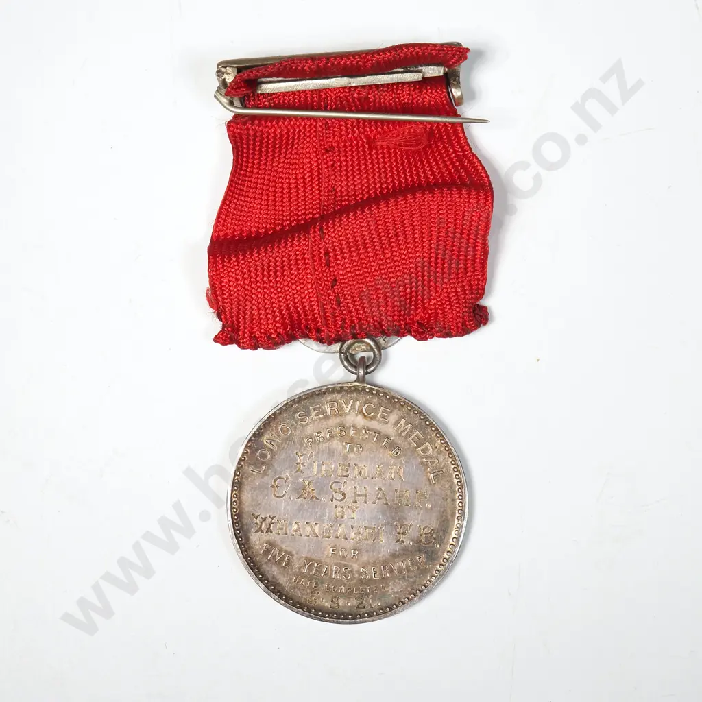 NZ United Fire Brigades Association Five Years Long Service Medal Presented To “FIREMAN C. A. SHARP BY WHANGAREI F.B. 5. 9. 21” ( 1921 ) 22543 Image 1++