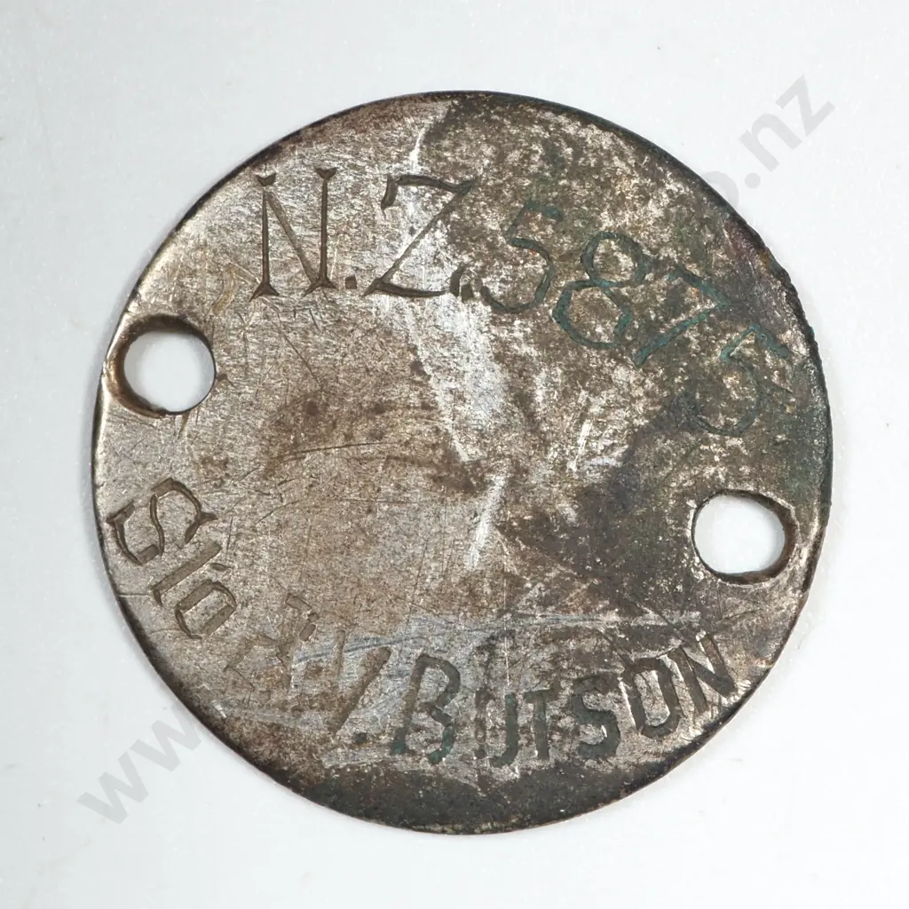 New Zealand Shilling turned into Dog Tag for WW2 NZ Navy - Sto B Y Butson  Image 1++