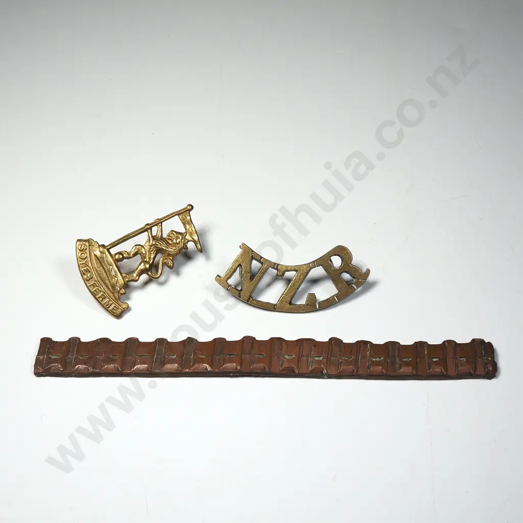 Four Items - Copper Artillery Shell Driving Band, WW1 NZ Rifle Brigade Badge, & NZ Rifles Brigade Shoulder Badge Image 1++