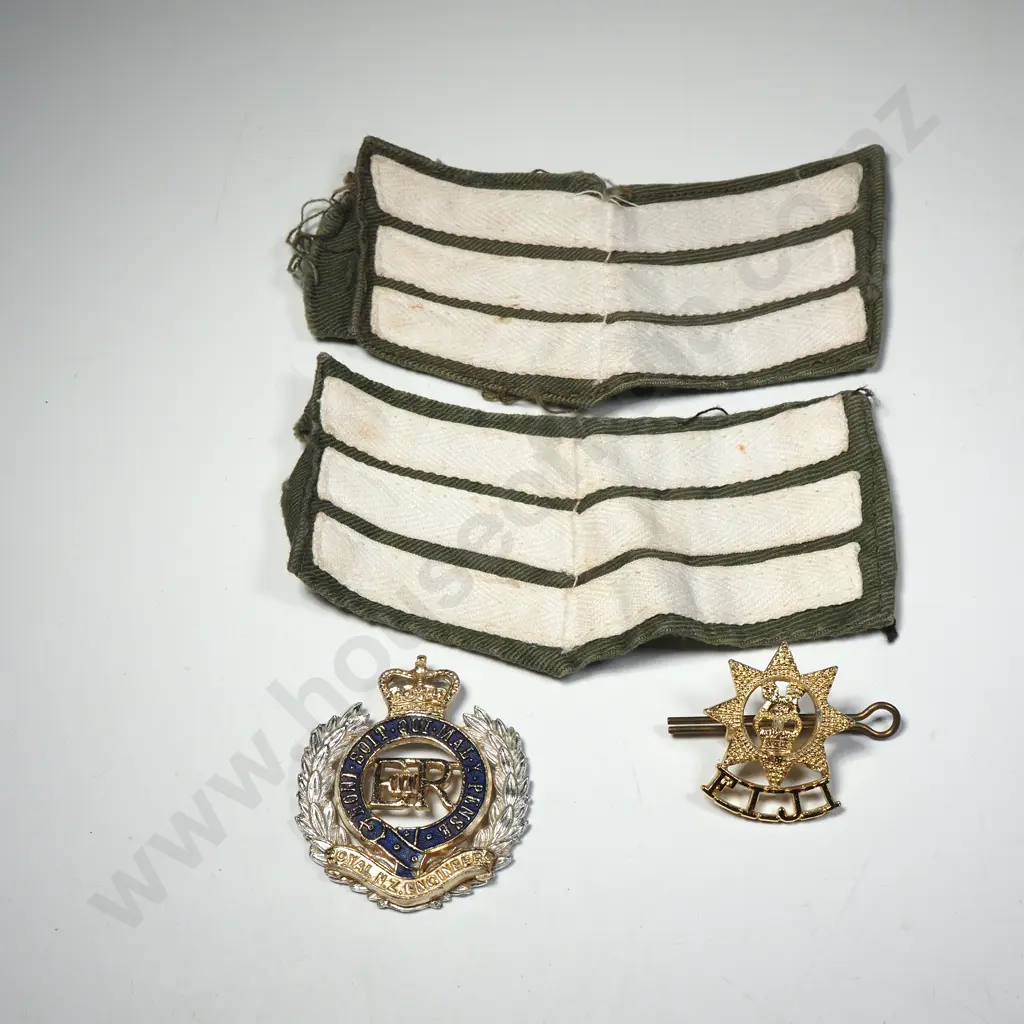 Pair of Sergeant Stripes, Fiji Infantry Collar Badge & NZ Engineers Hat Badge w no Lugs. Image 1++