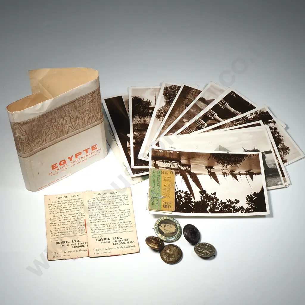 Quantity of Egyptian Postcards In Black & White, Two Advertising Bovril Flags, King George V Silver Jubilee Badge Image 1++