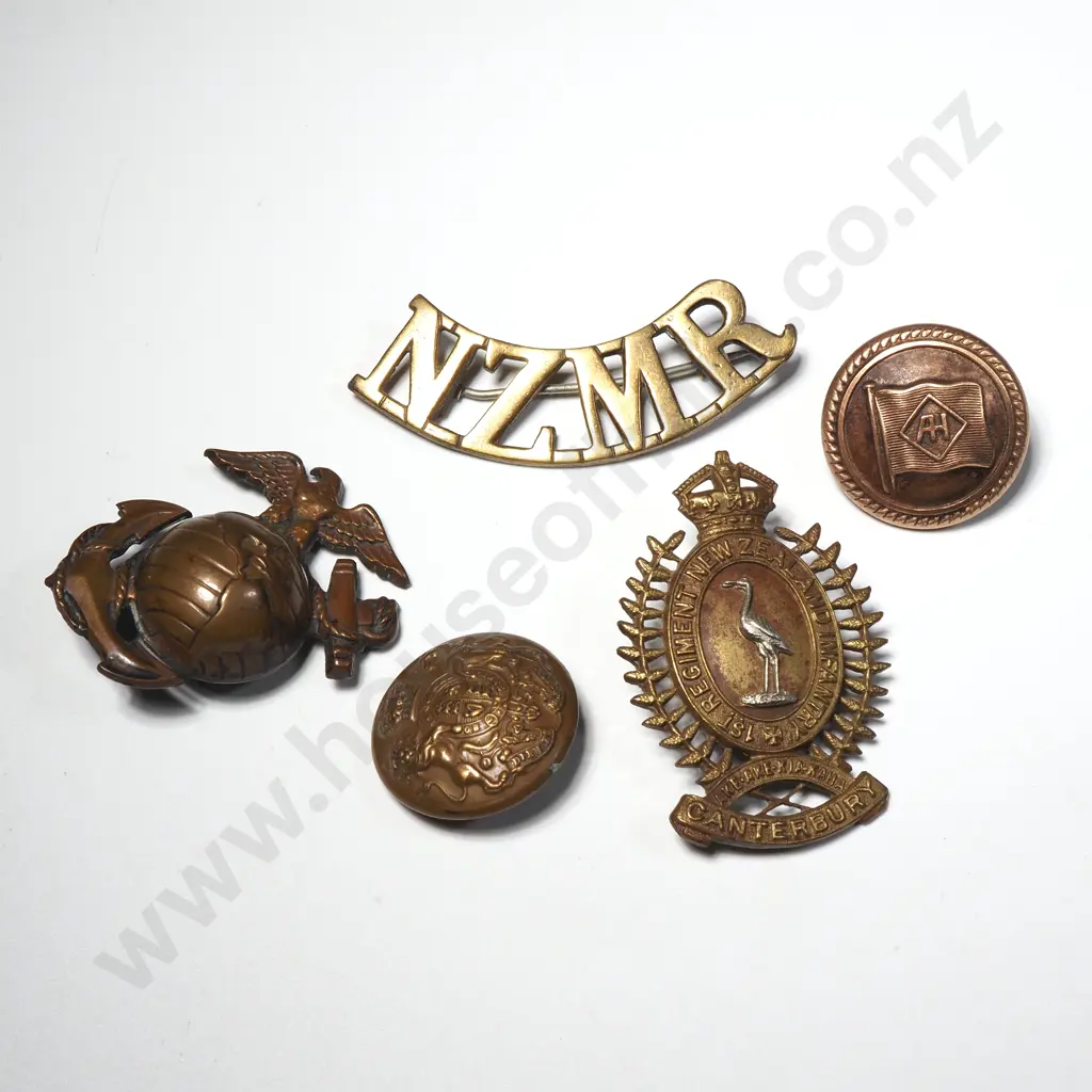 Five Miltitary Items -US Marine Corp Badge, Canterbury Regiment Cap Badge, NZ Mounted Rifles Badge & Two Buttons Image 1++