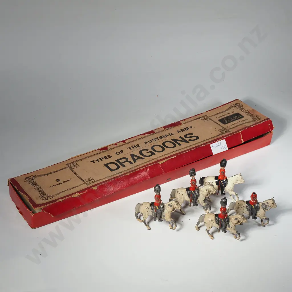 Five Vintage Britains Austrian Army Dragoon Lead Toy Soldiers on Horseback in Original Box A/F Image 1++