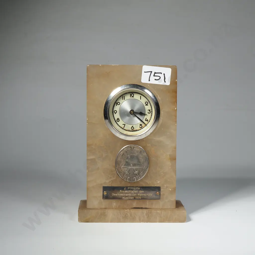 German Quartz Clock w WW1 Silver Wound Badge & Presentation Plaque - Manual Wind Clock Image 1++