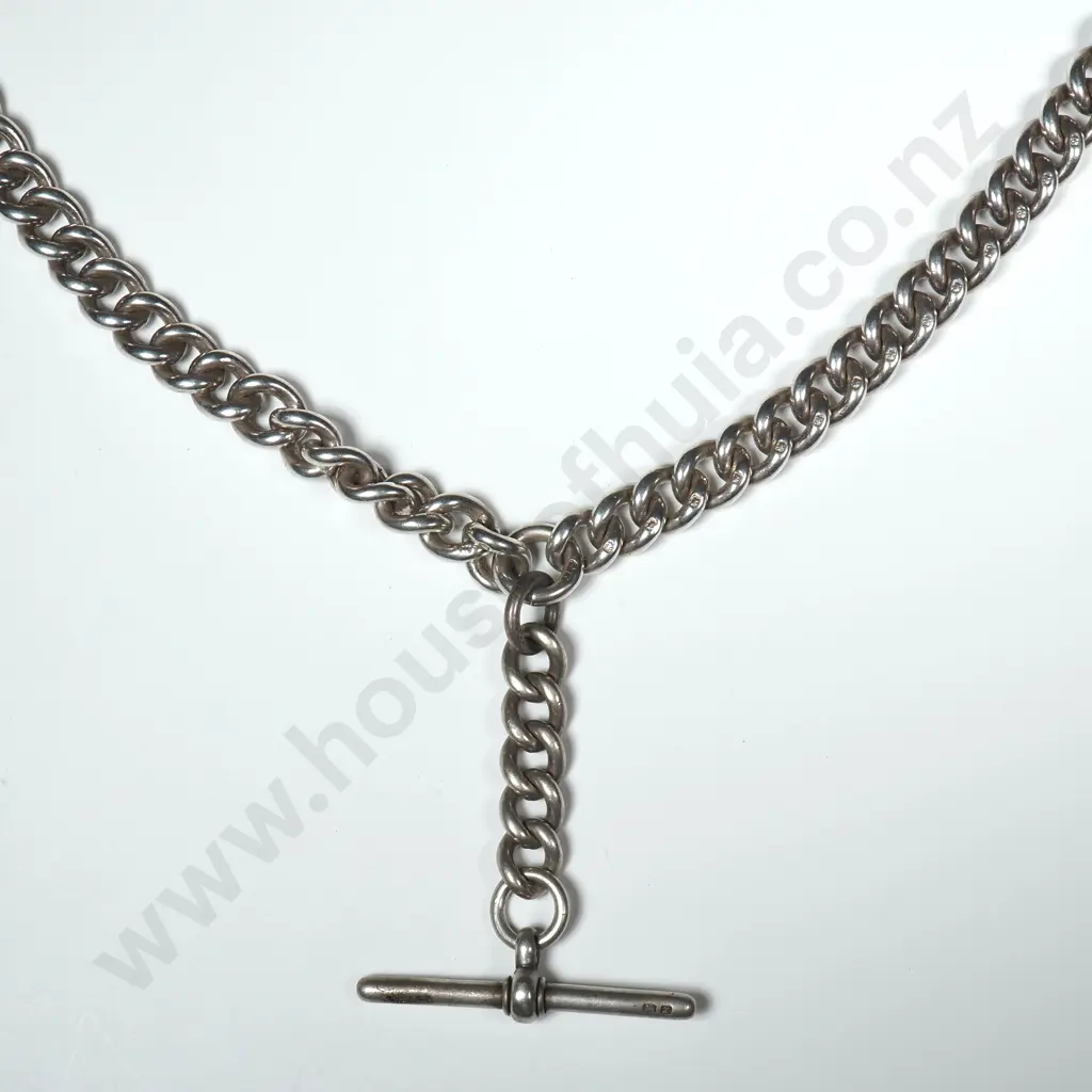 Heavy Antique Sterling Silver Curb Link Double Albert Chain Image 1++