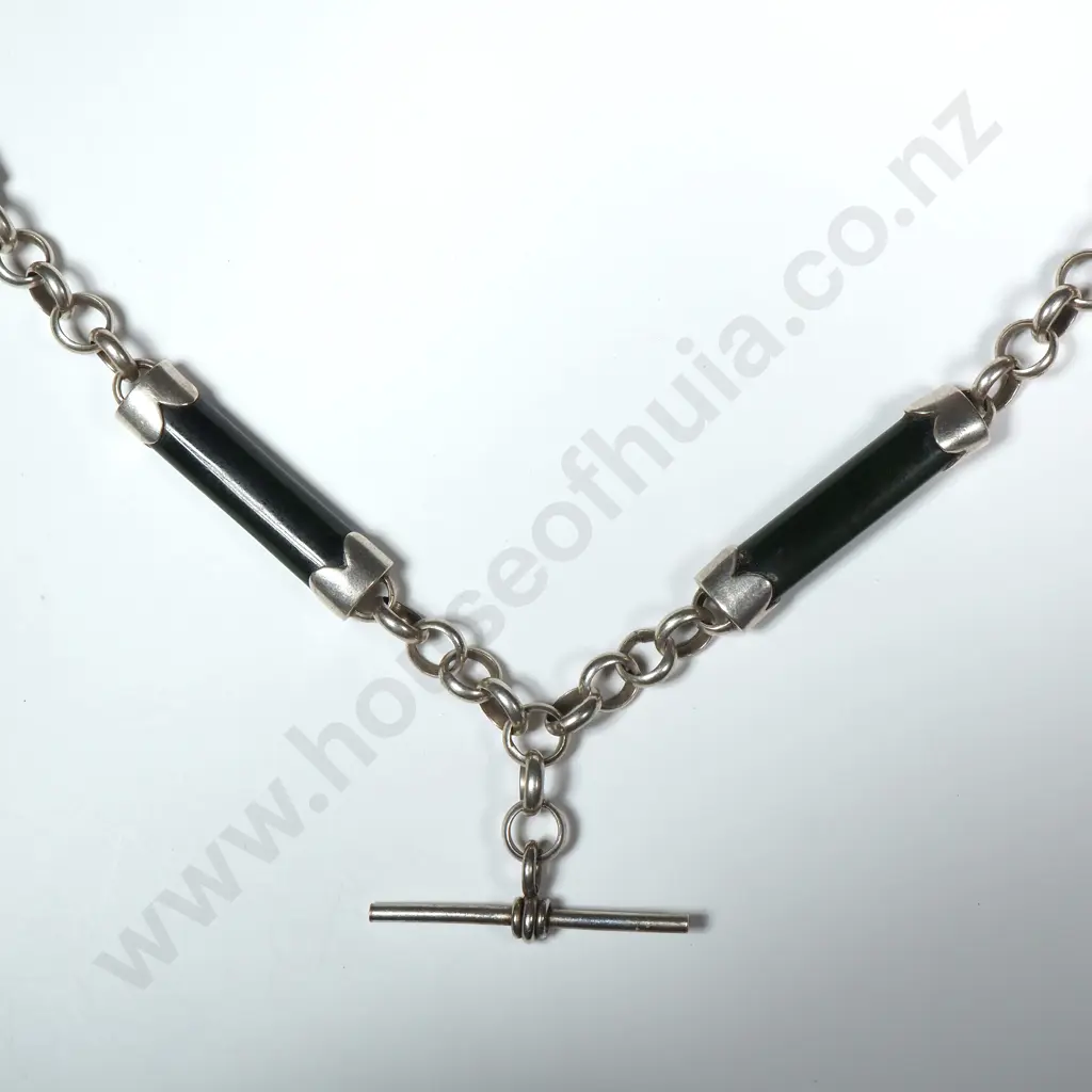 Modern Sterling Silver And Greenstone Double Albert Chain Image 1++