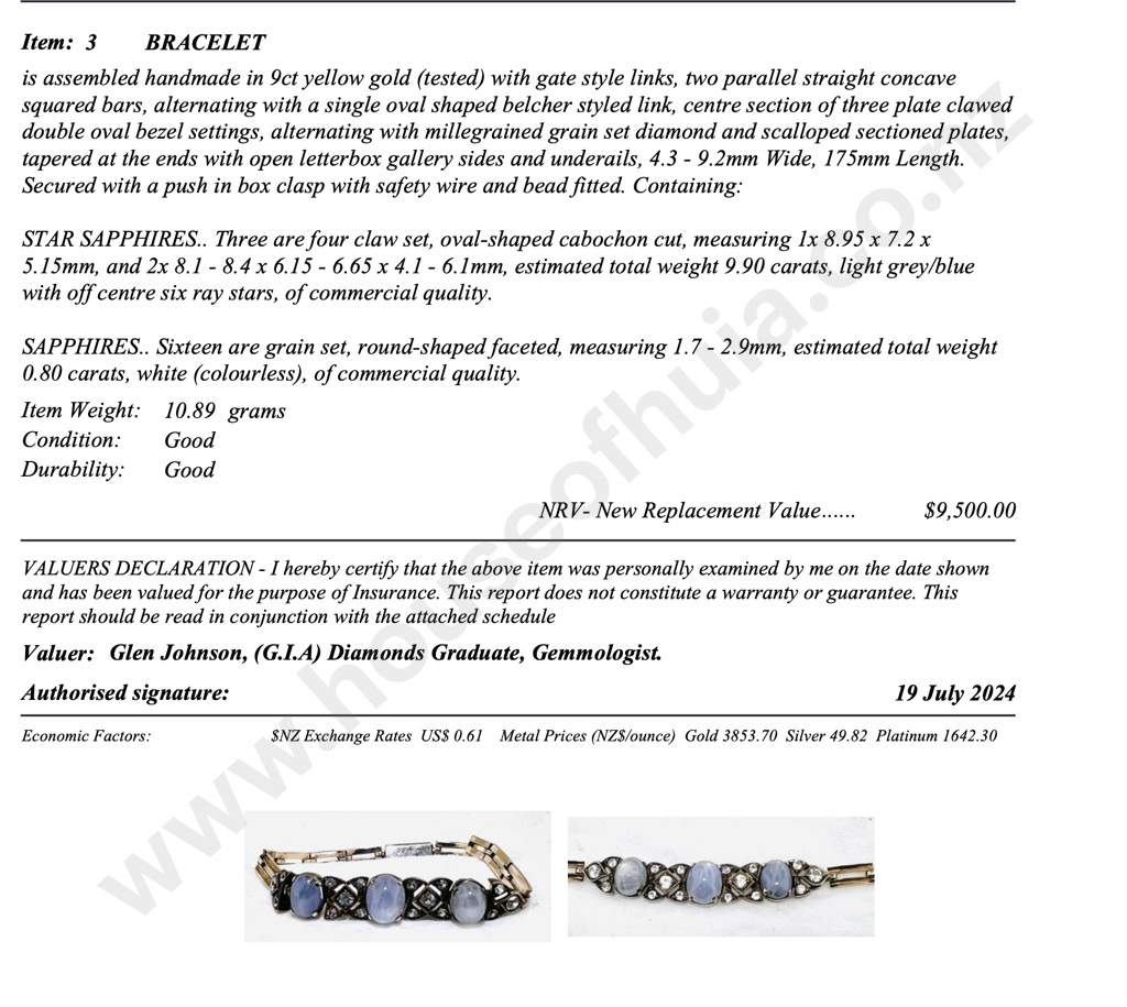 9ct Gold Star Sapphire & Sapphire Bracelet w Valuation for $9,500.00 Image 1++