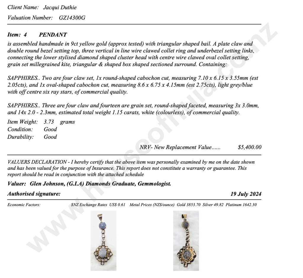 9ct Gold Star Sapphire & Sapphire Pendant w Valuation for $5,400.00 Image 1++