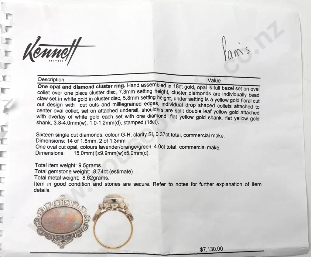 18ct Gold Opal & Diamond Ring w Valuation for $7,130.00 Image 1++
