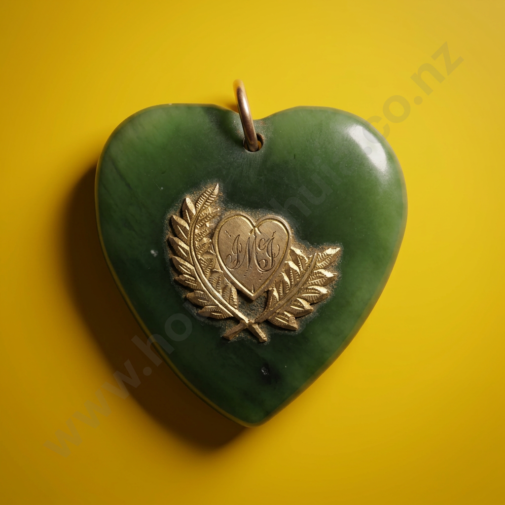 Antique NZ Greenstone And 9ct Gold Heart Pendant ( A.F ) Image 1++