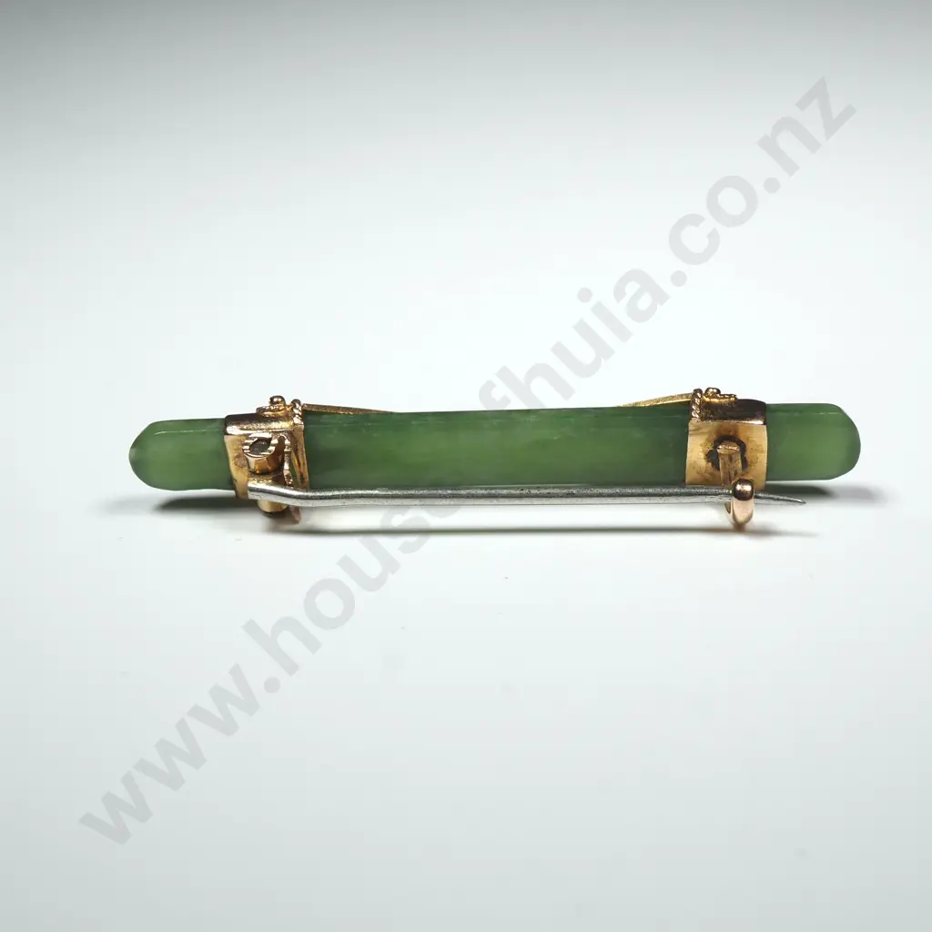 Colonial 9ct Gold Greenstone Bar Brooch w Seed Pearl Embellishments Image 1++