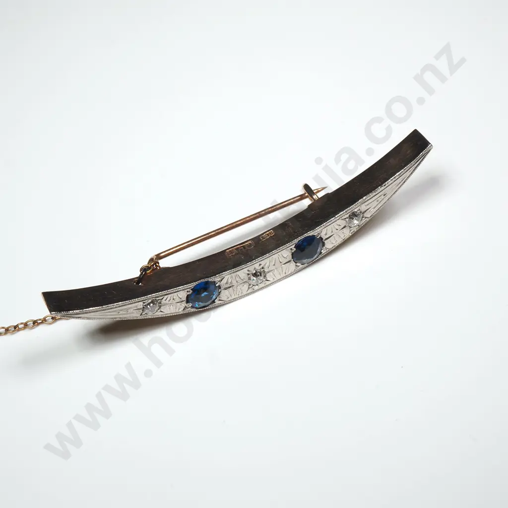 Antique 9ct Gold, Platinum, Blue & White Gem Set Crescent Brooch Image 1++