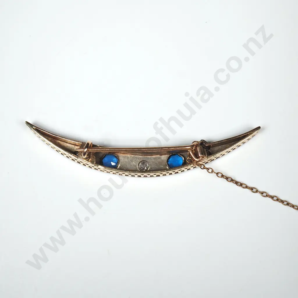 Antique 9ct Gold, Platinum, Blue & White Gem Set Crescent Brooch Image 1++