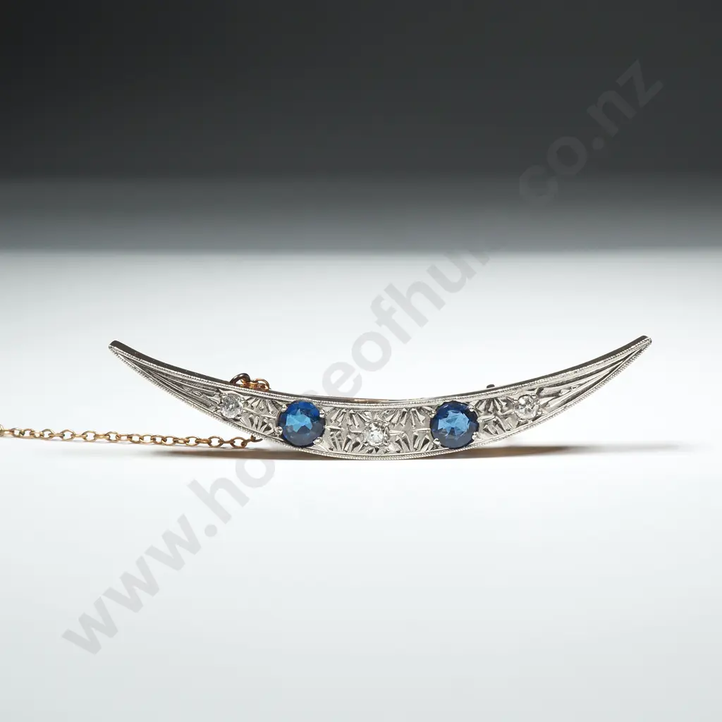 Antique 9ct Gold, Platinum, Blue & White Gem Set Crescent Brooch Image 1++