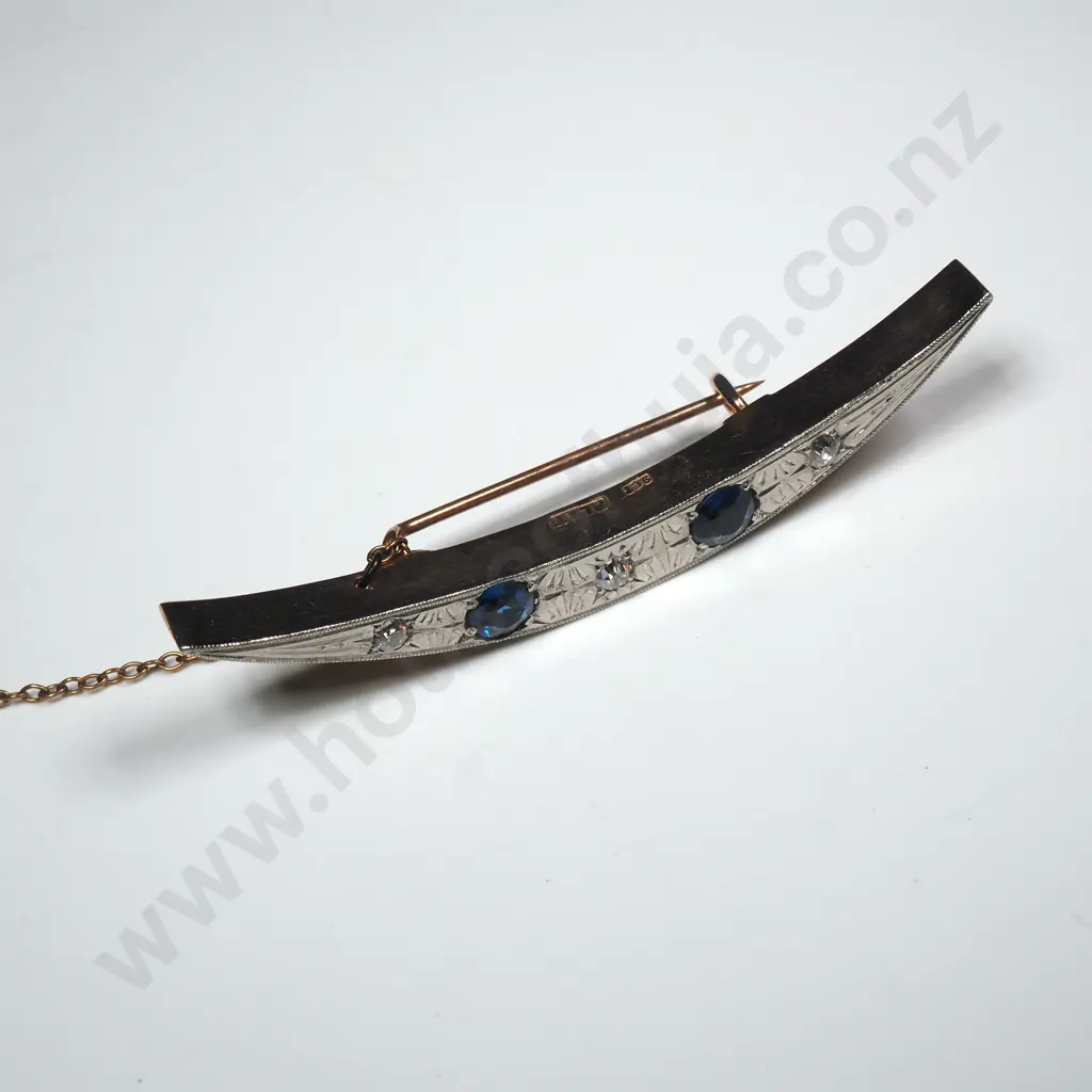 Antique 9ct Gold, Platinum, Blue & White Gem Set Crescent Brooch Image 1++