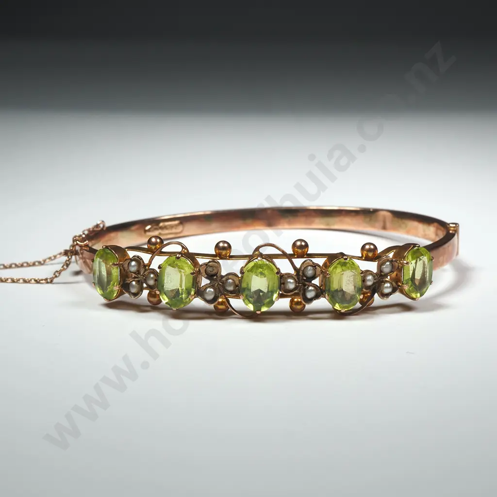 Antique 9ct Rose Gold Green Gem & Seed Pearl Bracelet Image 1++