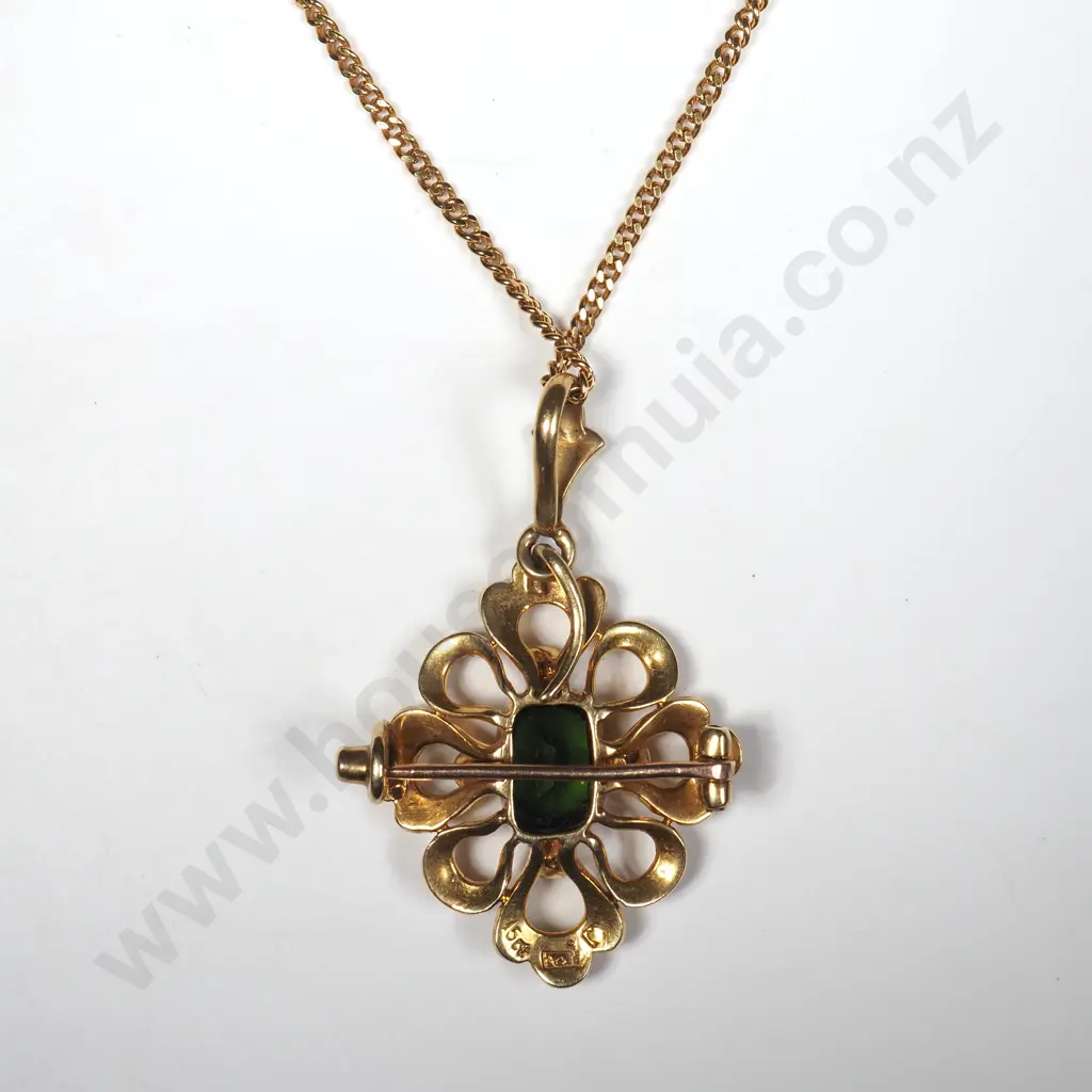 Excellent 15ct Gold Brooch / Pendant w green Gem & Seedpearls on G/P Chain Image 1++