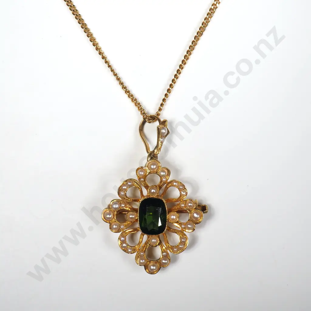 Excellent 15ct Gold Brooch / Pendant w green Gem & Seedpearls on G/P Chain Image 1++