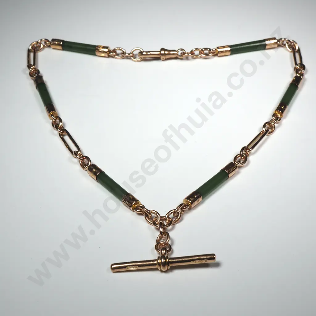 Antique 9ct Gold Rail Link Fob Chain w Six Rounded Greenstone rails Image 1++