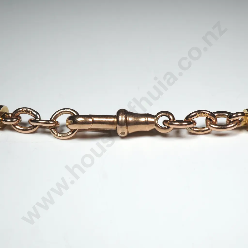 Antique 9ct Gold Rail Link Fob Chain w Six Rounded Greenstone rails Image 1++